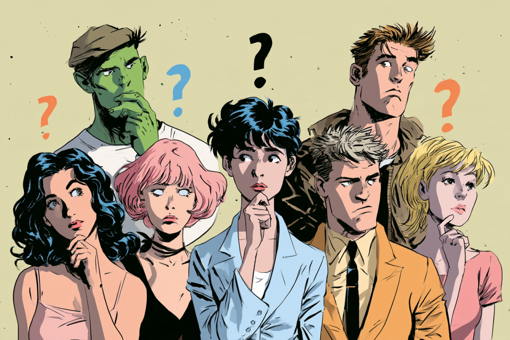 Eine Gruppe von Comic-Figuren, die sich offensichtlich mit einer schwierigen Frage beschäftigen.